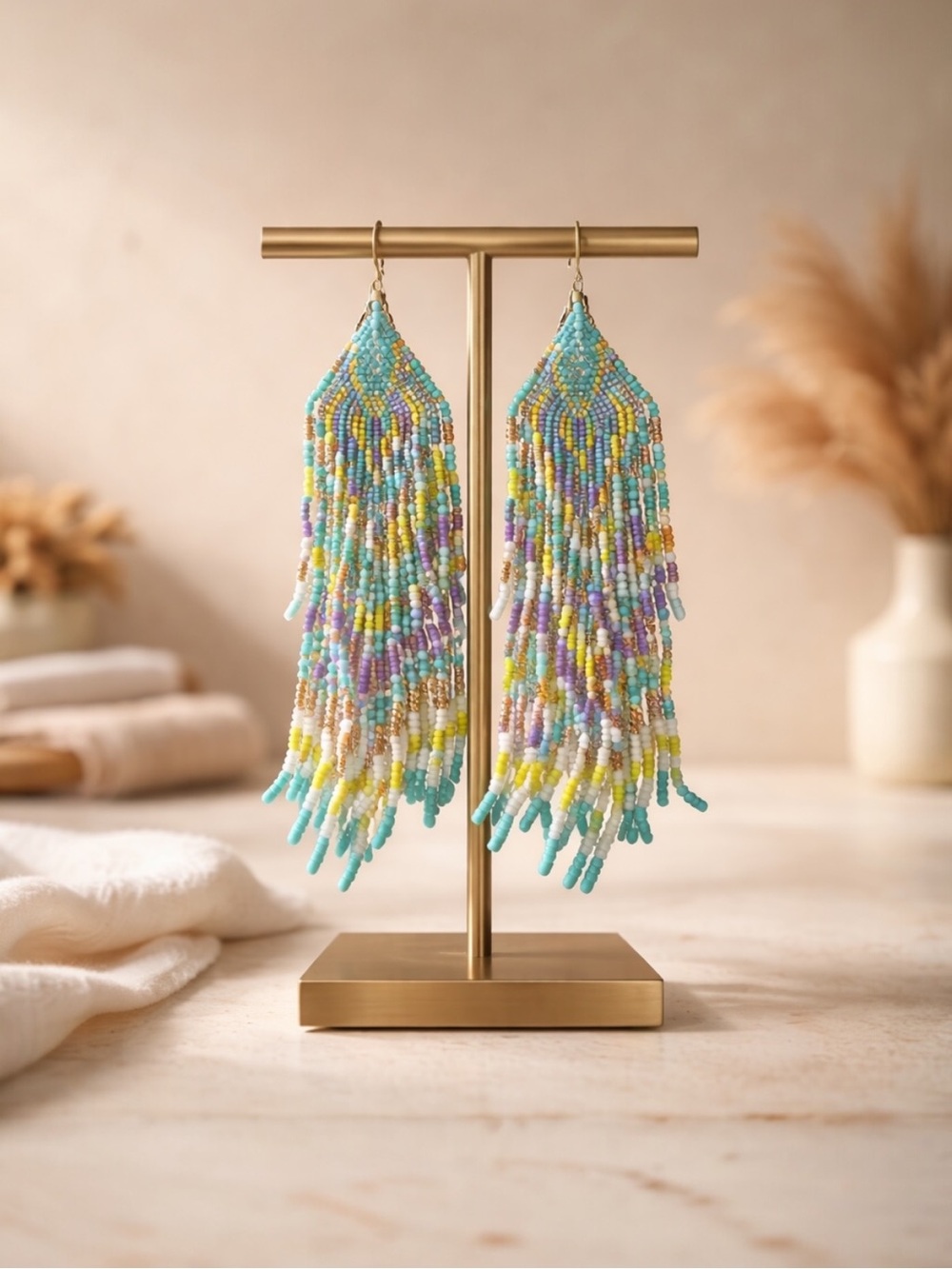 Beaded Fringe Tassel Earrings Boho Western Tribal Statement Multicolor 5”